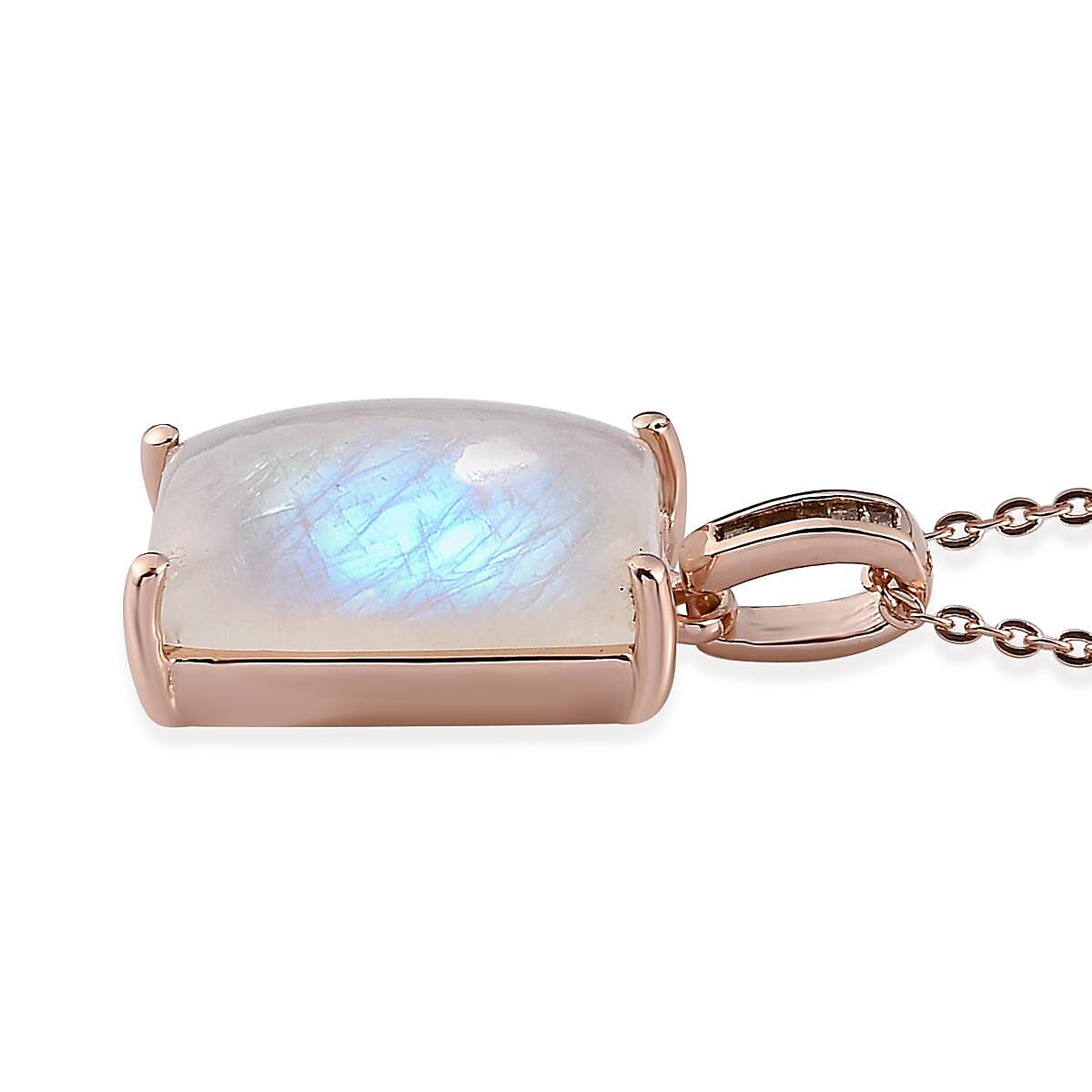 Premium Rainbow Moonstone and Natural Champagne Diamond Elongated Pendant Necklace 20 Inches in Vermeil Rose Gold Over Sterling Silver 5.85 ctw image number 3