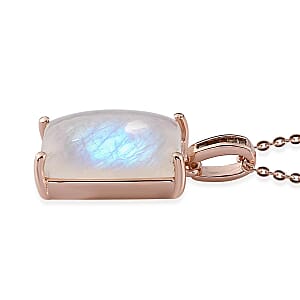 Premium Rainbow Moonstone and Natural Champagne Diamond Elongated Pendant Necklace 20 Inches in Vermeil Rose Gold Over Sterling Silver 5.85 ctw