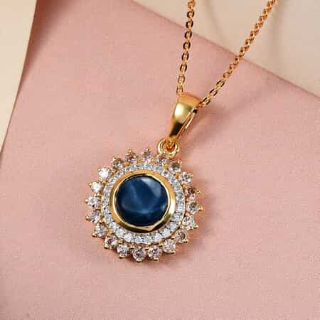Blue Star Sapphire (DF), White and Brown Zircon Sunburst Pendant Necklace 20 Inches in Vermeil YG Over Sterling Silver 3.00 ctw image number 1
