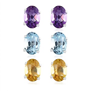 Brazilian Citrine, Sky blue Topaz, Amethyst Set of 3 Solitaire Stud Earrings in Sterling Silver 4.75 ctw