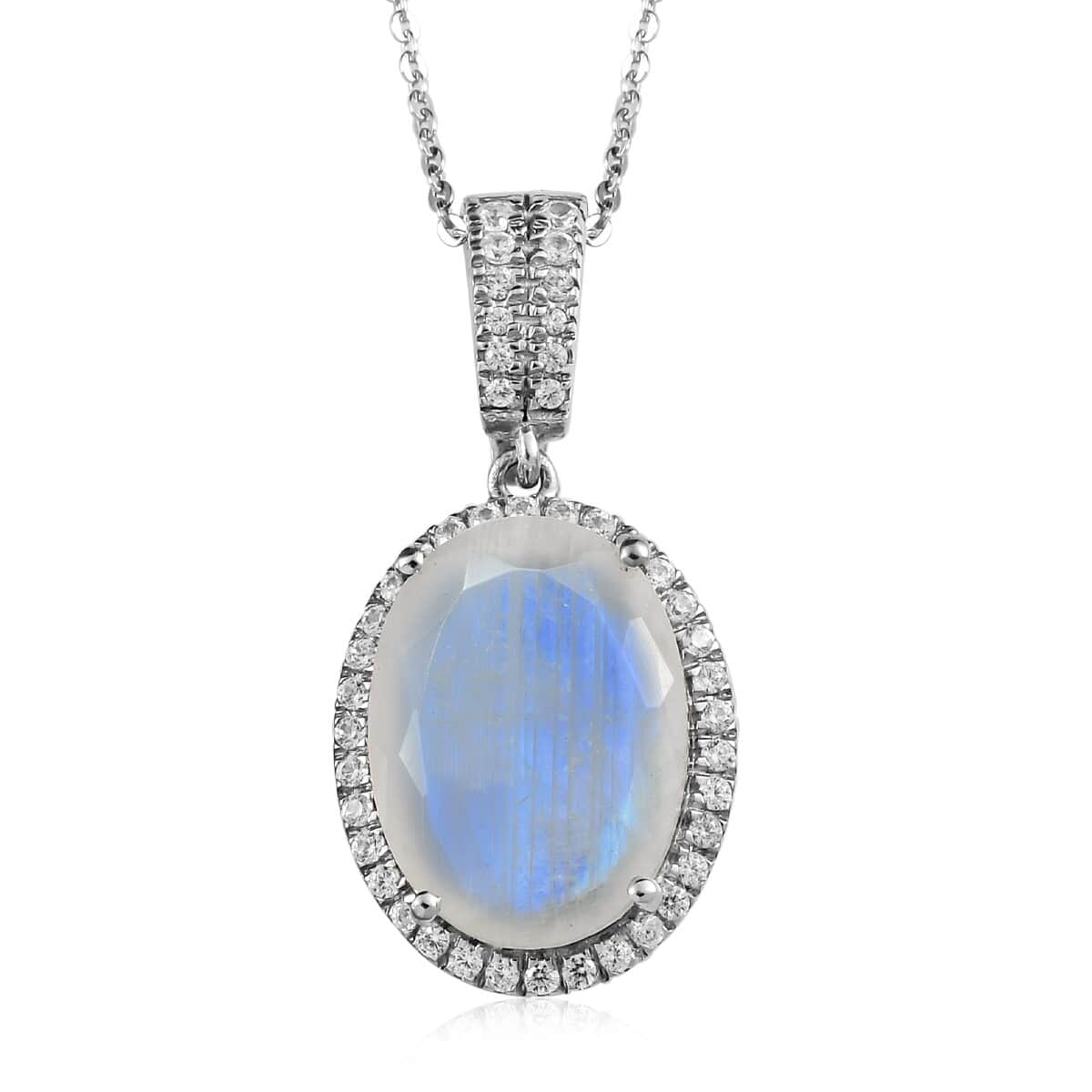 Premium Rainbow Moonstone and White Zircon Halo Pendant Necklace 20 Inches in Platinum Over Sterling Silver 10.25 ctw image number 0
