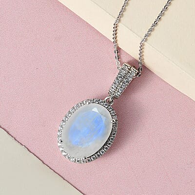 Premium Rainbow Moonstone and White Zircon Halo Pendant Necklace 20 Inches in Platinum Over Sterling Silver 10.25 ctw