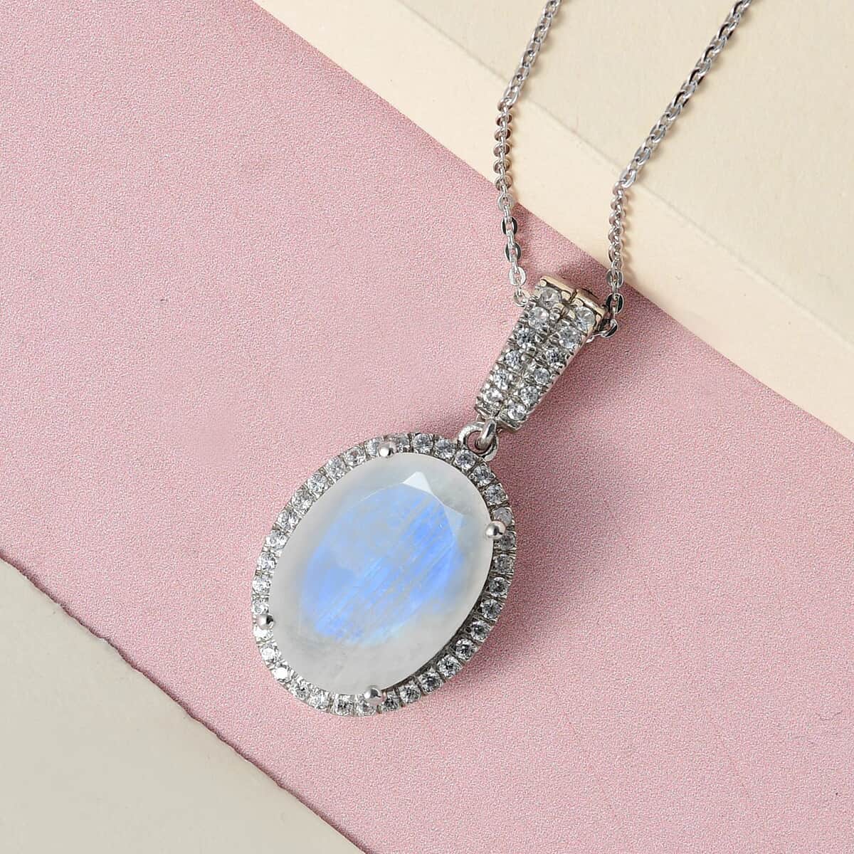 Premium Rainbow Moonstone and White Zircon Halo Pendant Necklace 20 Inches in Platinum Over Sterling Silver 10.25 ctw image number 1