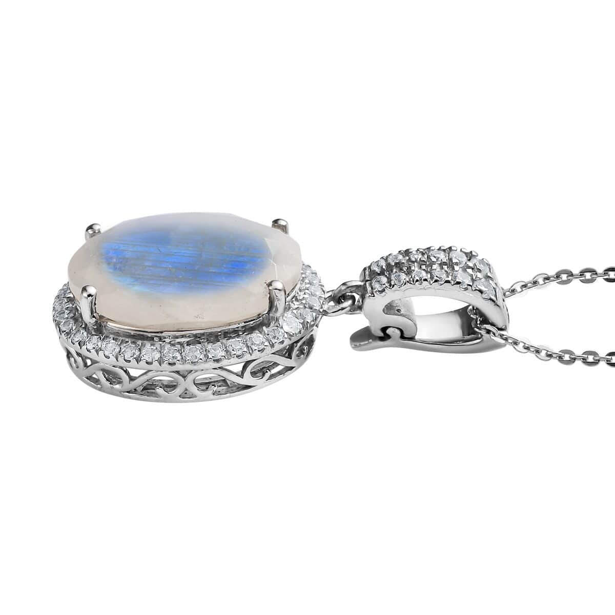 Premium Rainbow Moonstone and White Zircon Halo Pendant Necklace 20 Inches in Platinum Over Sterling Silver 10.25 ctw image number 3