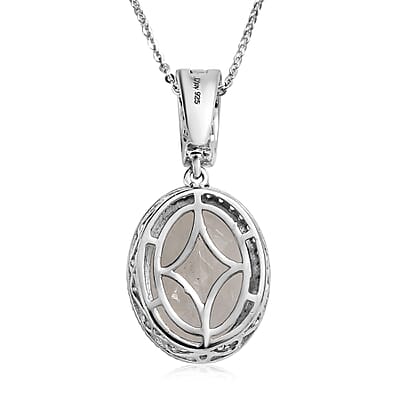 Premium Rainbow Moonstone and White Zircon Halo Pendant Necklace 20 Inches in Platinum Over Sterling Silver 10.25 ctw