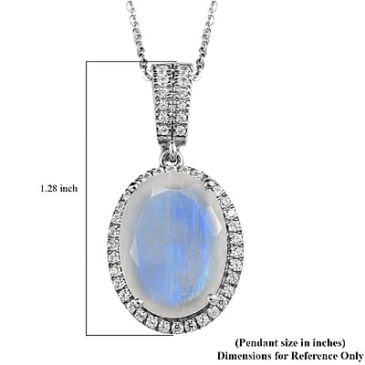 Premium Rainbow Moonstone and White Zircon Halo Pendant Necklace 20 Inches in Platinum Over Sterling Silver 10.25 ctw