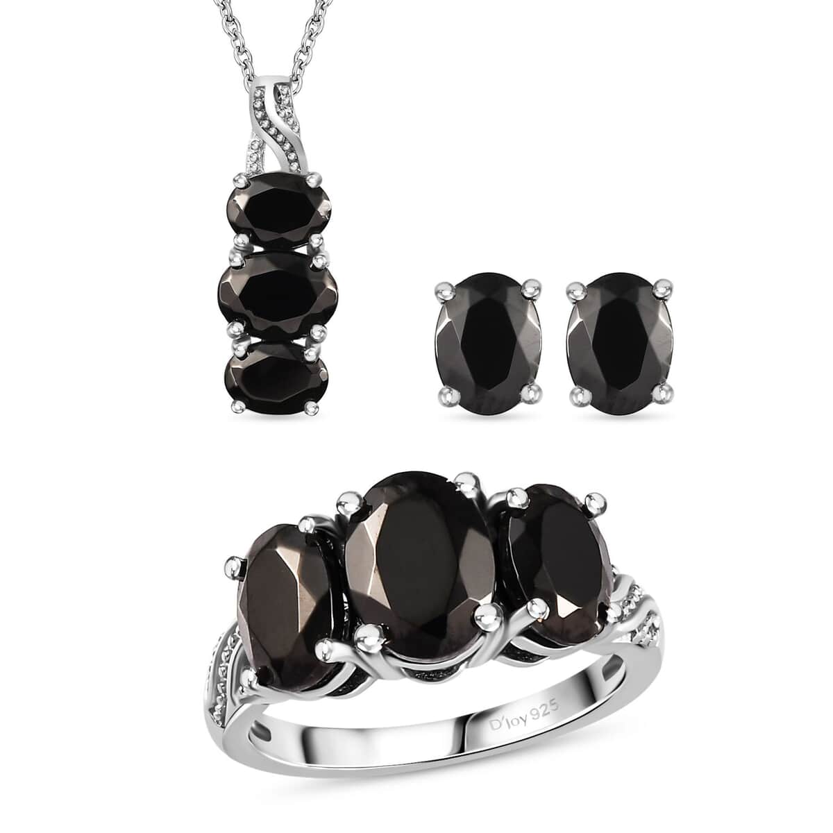 Elite Shungite Jewelry Set, Shungite 3 Stone Ring, Shungite Stud Earrings, Shungite 3 Stone Pendant Necklace, 20 Inch Necklace, Platinum Over Sterling Silver and Stainless Steel Jewelry Set 5.25 ctw image number 0