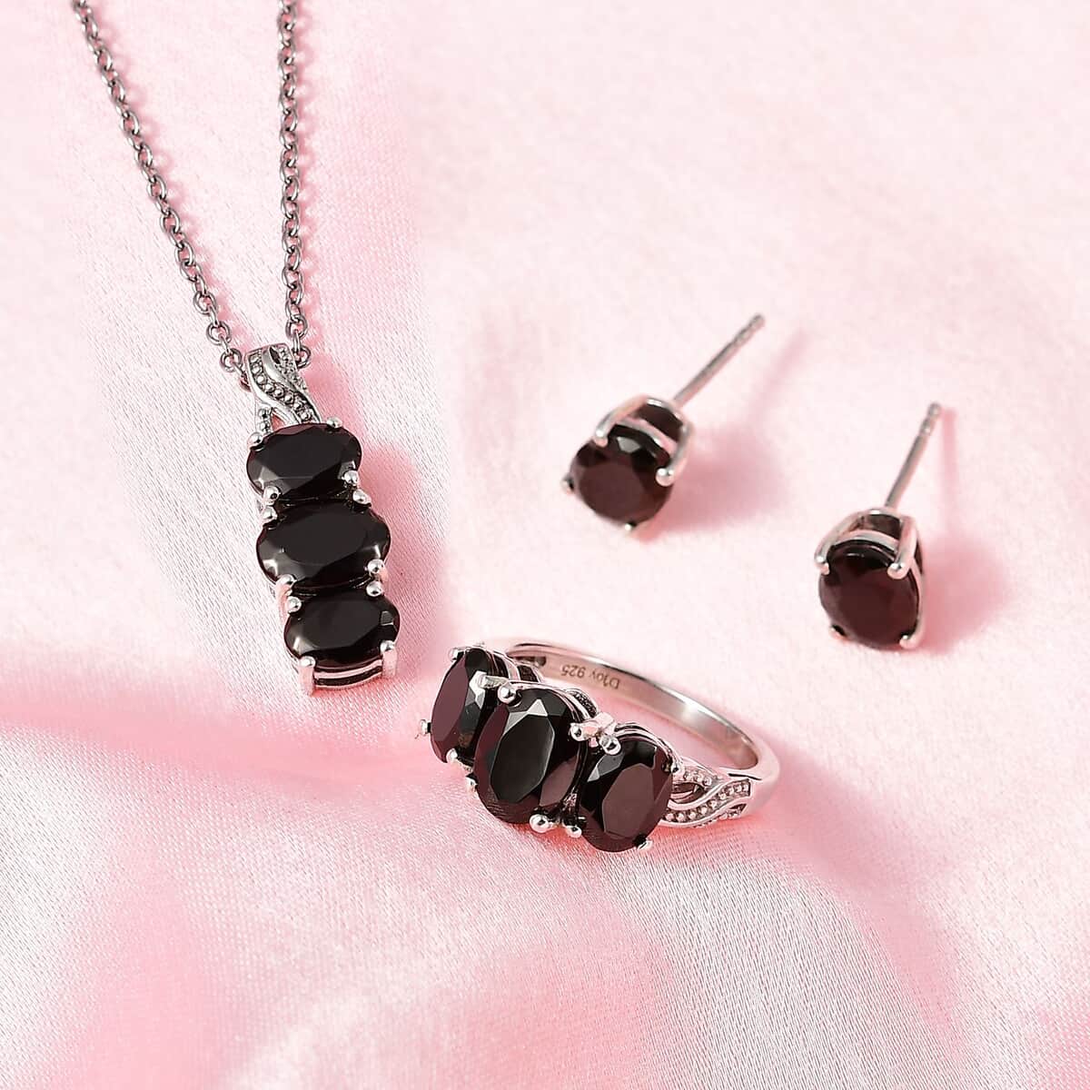 Elite Shungite Jewelry Set, Shungite 3 Stone Ring, Shungite Stud Earrings, Shungite 3 Stone Pendant Necklace, 20 Inch Necklace, Platinum Over Sterling Silver and Stainless Steel Jewelry Set 5.25 ctw image number 1
