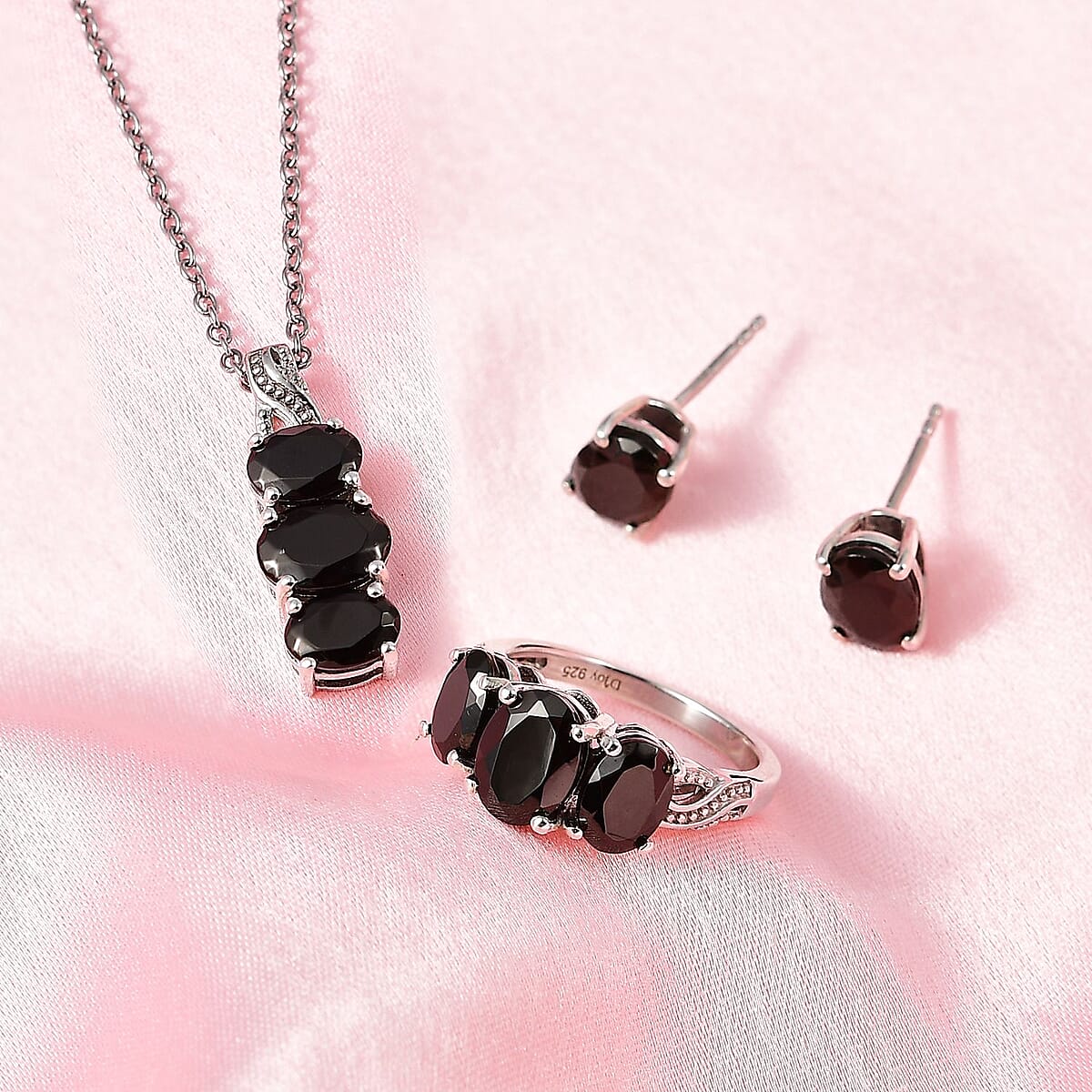 Elite Shungite Jewelry Set, Shungite 3 Stone Ring, Shungite Stud Earrings, Shungite 3 Stone Pendant Necklace, 20 Inch Necklace, Platinum Over Sterling Silver and Stainless Steel Jewelry Set 4.90 ctw image number 1