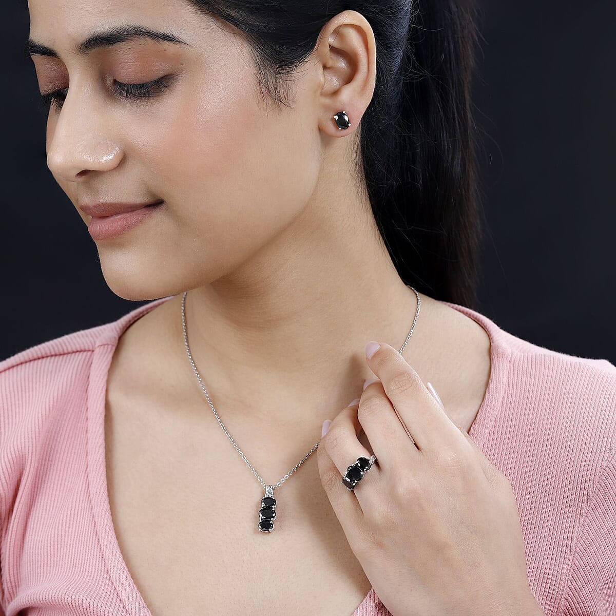 Elite Shungite Jewelry Set, Shungite 3 Stone Ring, Shungite Stud Earrings, Shungite 3 Stone Pendant Necklace, 20 Inch Necklace, Platinum Over Sterling Silver and Stainless Steel Jewelry Set 4.90 ctw image number 2