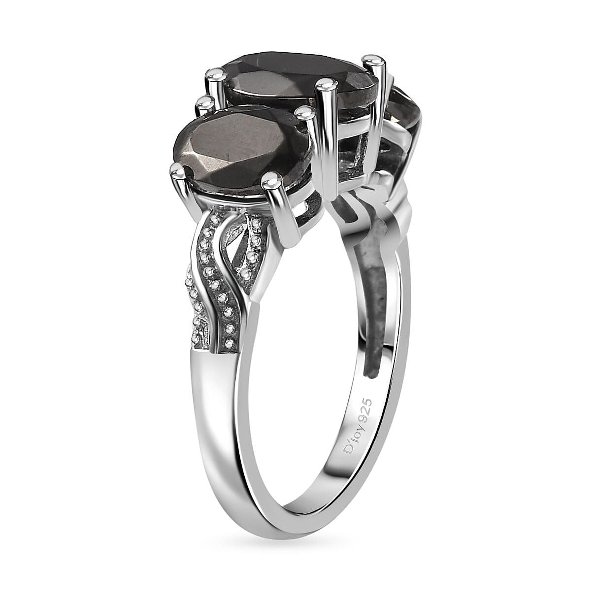 Elite Shungite Jewelry Set, Shungite 3 Stone Ring, Shungite Stud Earrings, Shungite 3 Stone Pendant Necklace, 20 Inch Necklace, Platinum Over Sterling Silver and Stainless Steel Jewelry Set 4.90 ctw image number 3