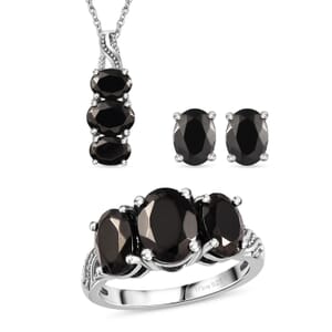 Elite Shungite 4.90 ctw Jewelry Set, Shungite 3 Stone Ring, Shungite Stud Earrings, Shungite 3 Stone Pendant 20 Inch Necklace, Platinum Over Sterling Silver and Stainless Steel