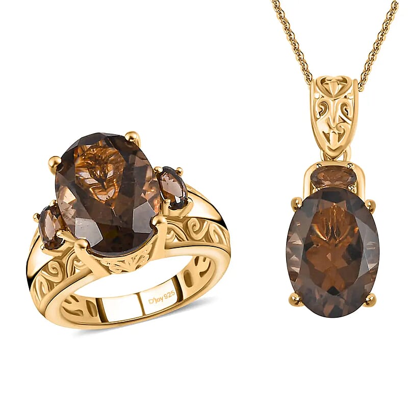 Premium Brazilian Smoky Quartz 10.65 ctw Jewelry Set, Smoky Quartz Ring and Pendant, Vermeil YG Over Sterling Silver And Stainless Steel Jewelry Set 20 Inches