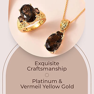Premium Brazilian Smoky Quartz 10.65 ctw Jewelry Set, Smoky Quartz Ring and Pendant, Vermeil YG Over Sterling Silver And Stainless Steel Jewelry Set 20 Inches