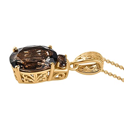 Premium Brazilian Smoky Quartz 10.65 ctw Jewelry Set, Smoky Quartz Ring and Pendant, Vermeil YG Over Sterling Silver And Stainless Steel Jewelry Set 20 Inches