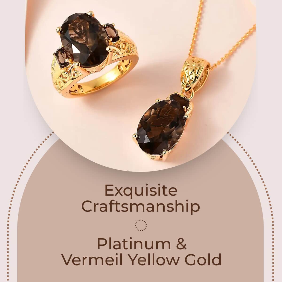 Premium Brazilian Smoky Quartz Jewelry Set, Smoky Quartz Ring and Pendant, Vermeil YG Over Sterling Silver And Stainless Steel Jewelry Set, 20 Inch Necklace 10.65 ctw image number 2