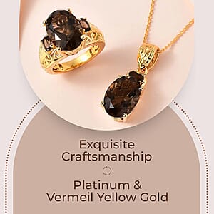 Premium Brazilian Smoky Quartz Jewelry Set, Smoky Quartz Ring and Pendant, Vermeil YG Over Sterling Silver And Stainless Steel Jewelry Set, 20 Inch Necklace 10.65 ctw
