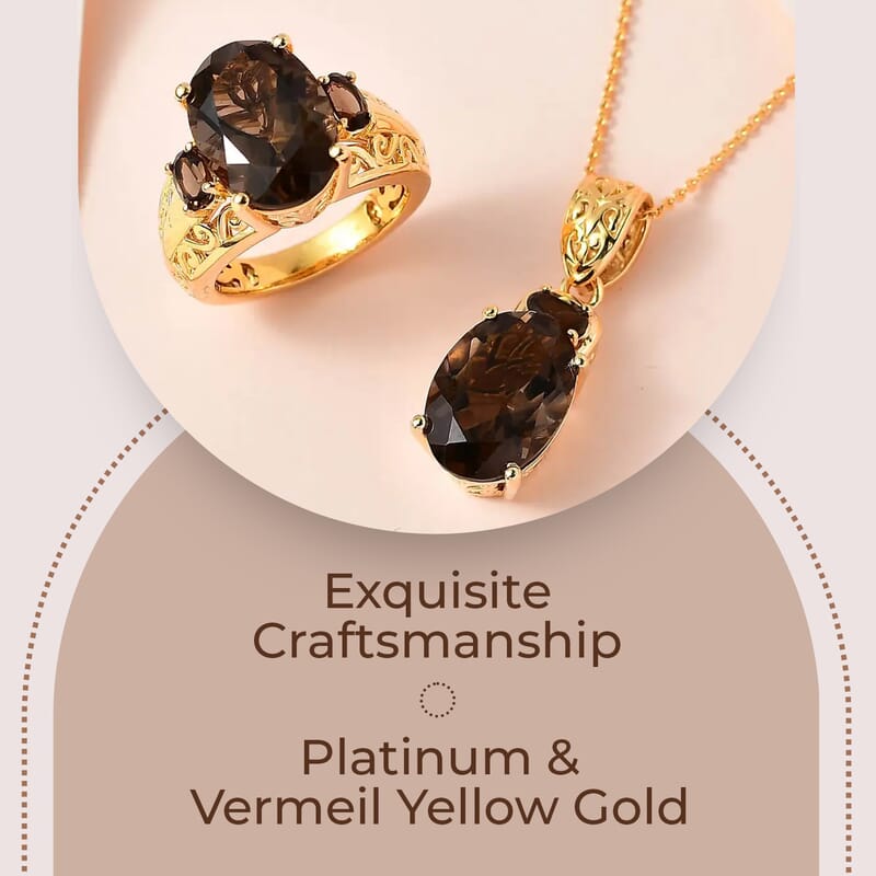 Premium Brazilian Smoky Quartz Jewelry Set, Smoky Quartz Ring (Size 9.00) and Pendant, Vermeil YG Over Sterling Silver And Stainless Steel Jewelry Set, 20 Inch Necklace 10.65 ctw