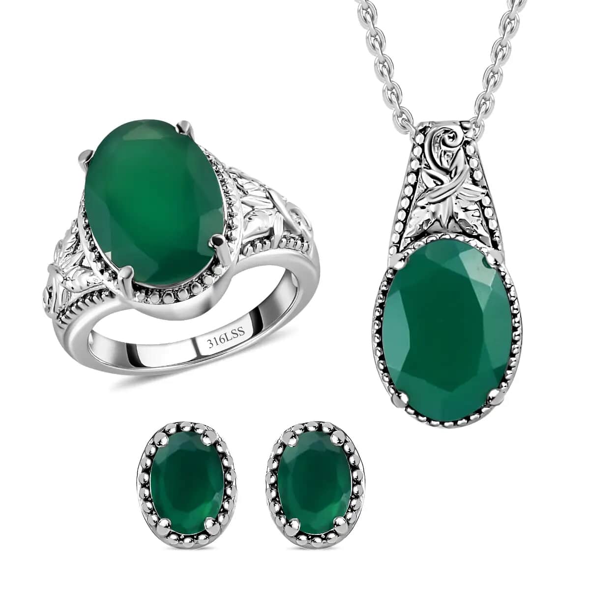 Doorbuster Green Onyx Solitaire Ring Stud Earrings and Solitaire Pendant Necklace 20 Inches in Stainless Steel 10.60 ctw image number 0