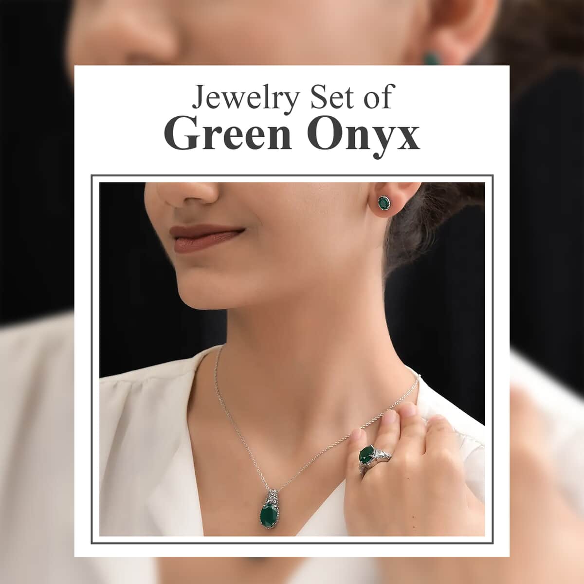 Doorbuster Green Onyx Solitaire Ring Stud Earrings and Solitaire Pendant Necklace 20 Inches in Stainless Steel 10.60 ctw image number 1