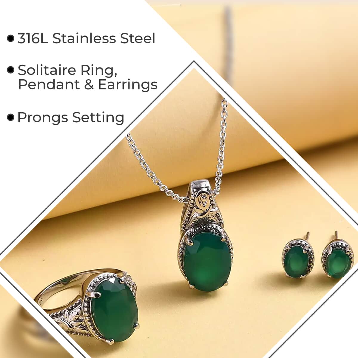 Doorbuster Green Onyx Solitaire Ring Stud Earrings and Solitaire Pendant Necklace 20 Inches in Stainless Steel 10.60 ctw image number 2