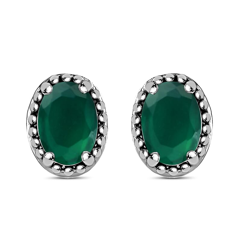 Green Onyx Solitaire Ring (Size 5.0) Stud Earrings and Solitaire Pendant Necklace 20 Inches in Stainless Steel 11.50 ctw