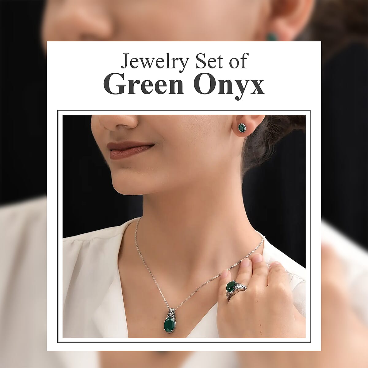 Green Onyx Solitaire Ring (Size 10.0), Stud Earrings and Solitaire Pendant Necklace (20 Inches) in Stainless Steel 11.50 ctw , Tarnish-Free, Waterproof, Sweat Proof Jewelry image number 1