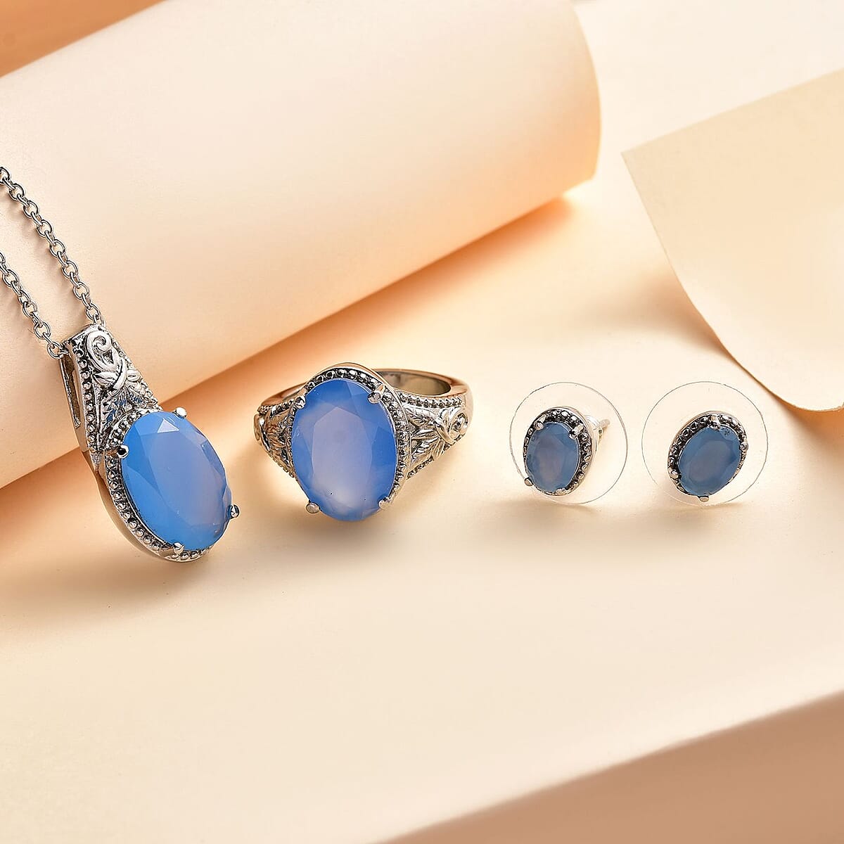 Jewelry Set of Blue Onyx Solitaire Ring , Stud Earrings and Solitaire Pendant Necklace (20 Inches) in Stainless Steel 10.60 ctw, Tarnish-Free, Waterproof, Sweat Proof Jewelry Set image number 1