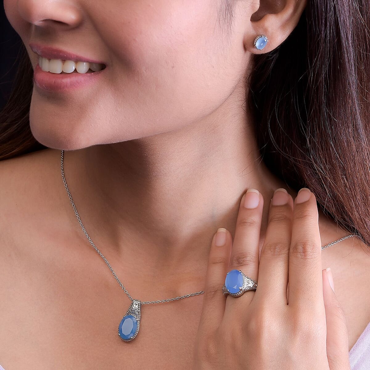 Jewelry Set of Blue Onyx Solitaire Ring , Stud Earrings and Solitaire Pendant Necklace (20 Inches) in Stainless Steel 10.60 ctw, Tarnish-Free, Waterproof, Sweat Proof Jewelry Set image number 2