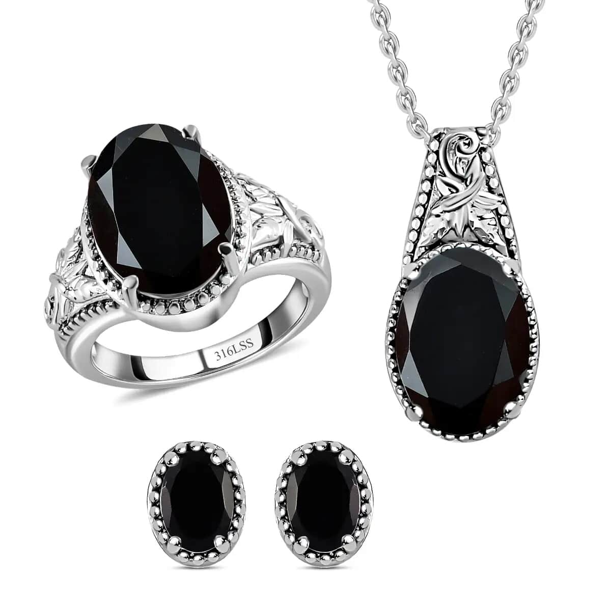 Black Onyx Solitaire Ring (Size 6.0), Stud Earrings and Solitaire Pendant Necklace (20 Inches) in Stainless Steel 10.60 ctw, Tarnish-Free, Waterproof, Sweat Proof Jewelry image number 0