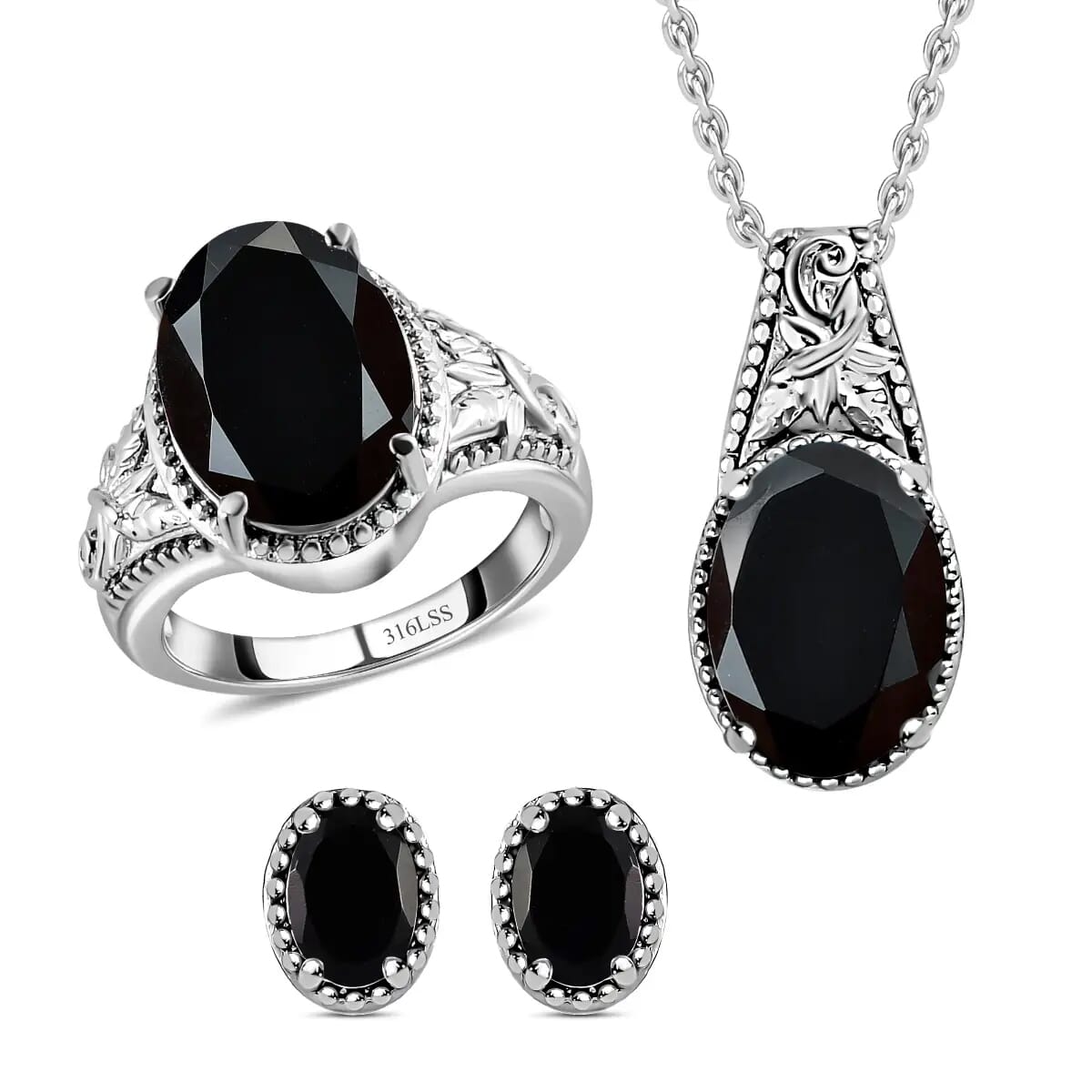 Black Onyx 10.60 ctw Solitaire Ring (Size 7.0), Stud Earrings and Solitaire Pendant Necklace 20 Inches in Stainless Steel  image number 0