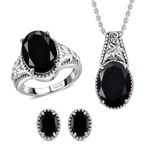Black Onyx 10.60 ctw Solitaire Ring (Size 7.0), Stud Earrings and Solitaire Pendant Necklace 20 Inches in Stainless Steel 