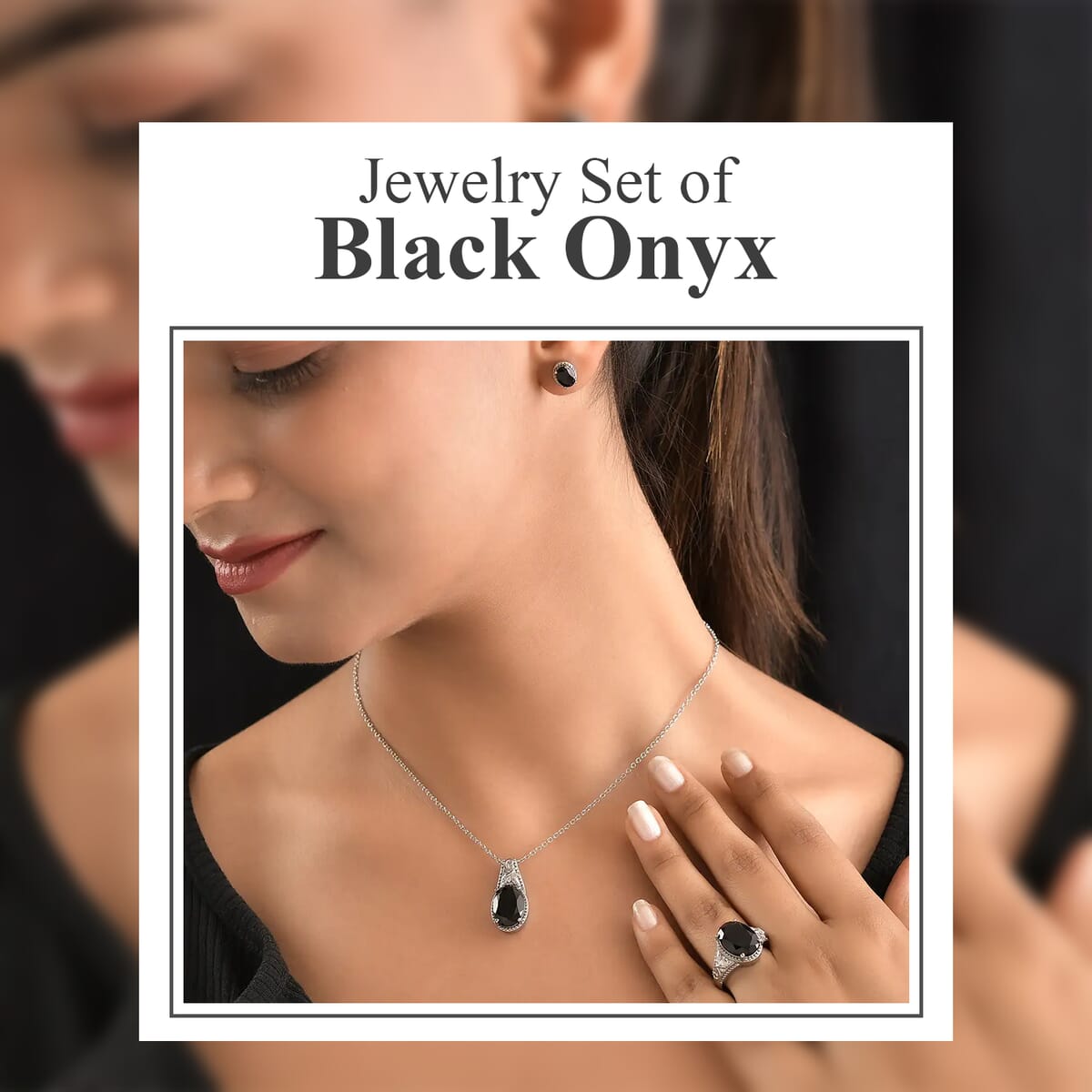 Black Onyx 10.60 ctw Solitaire Ring (Size 7.0), Stud Earrings and Solitaire Pendant Necklace 20 Inches in Stainless Steel  image number 1