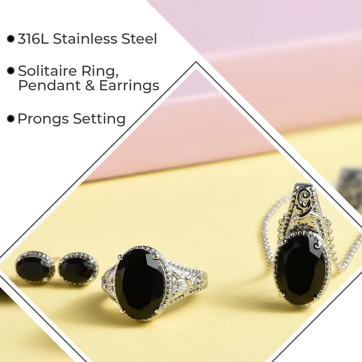 Black Onyx 10.60 ctw Solitaire Ring (Size 7.0), Stud Earrings and Solitaire Pendant Necklace 20 Inches in Stainless Steel  image number 2
