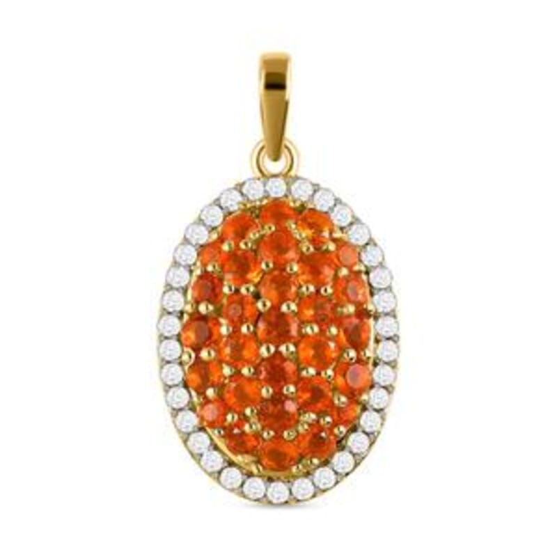 Fire Opal and White Zircon Cluster Pendant 1.85 ctw Necklace in Vermeil YG Over Sterling Silver 20 Inches