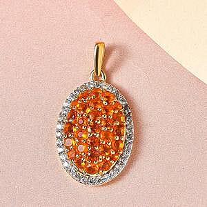 Fire Opal and White Zircon Cluster Pendant 1.85 ctw Necklace in Vermeil YG Over Sterling Silver 20 Inches