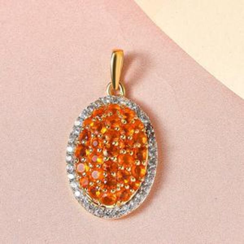 Fire Opal and White Zircon Cluster Pendant 1.85 ctw Necklace in Vermeil YG Over Sterling Silver 20 Inches