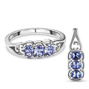 Tanzanite 1.02 ctw Set Ring (Size 11.5) and Pendant in Platinum Over Sterling Silver