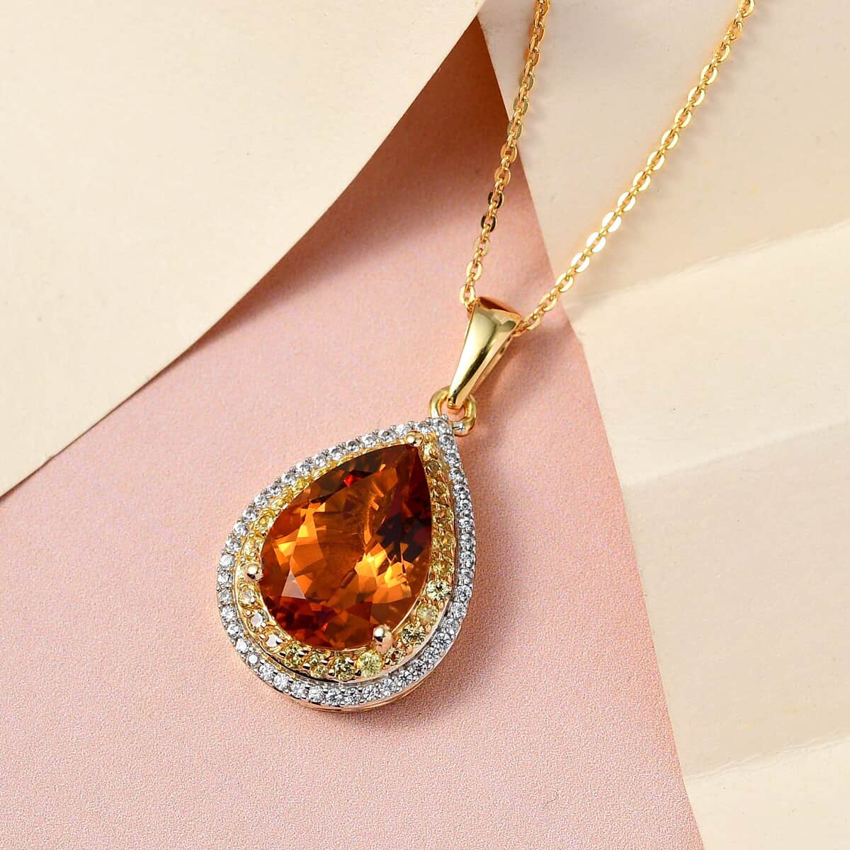 Santa Ana Madeira Citrine and Multi Gemstone Double Halo Pendant Necklace 20 Inches in Vermeil YG Over Sterling Silver 5.75 ctw image number 1