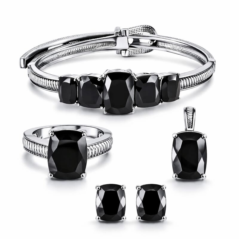 Thai Black Spinel 46.75 ctw Solitaire Earrings, Ring (Size 8.0), Bangle Bracelet (6.5 In) and Pendant without Chain in Stainless Steel