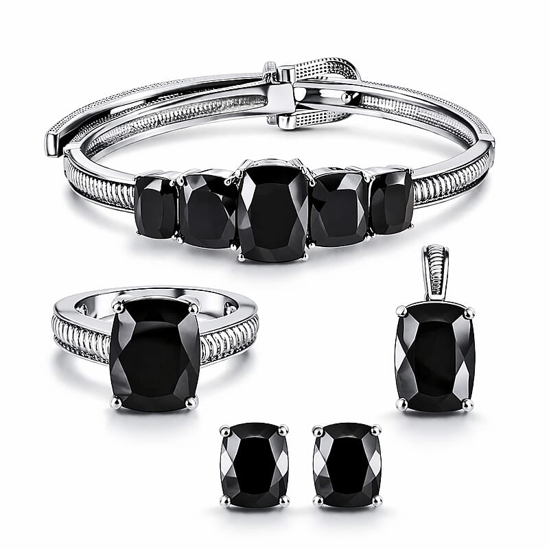 Thai Black Spinel 46.75 ctw Solitaire Earrings, Ring (Size 8.0), Bangle Bracelet (6.5 In) and Pendant without Chain in Stainless Steel