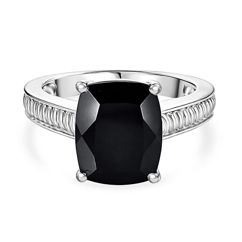 Thai Black Spinel 46.75 ctw Solitaire Earrings, Ring (Size 8.0), Bangle Bracelet (6.5 In) and Pendant without Chain in Stainless Steel