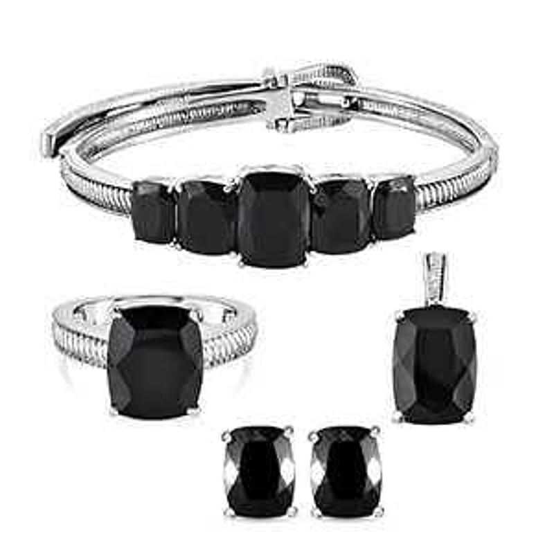 Thai Black Spinel 46.76 ctw Set Ring (Size 10), Earrings and Bangle Bracelet (6.50 In) in Stainless Steel