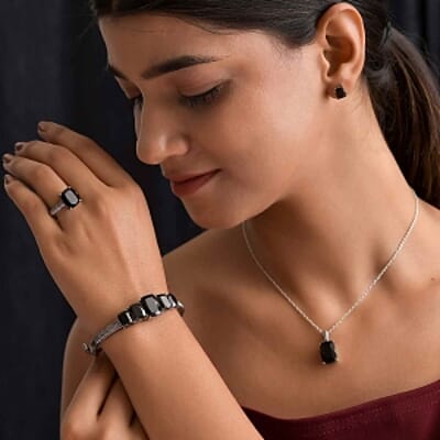 Thai Black Spinel 46.76 ctw Set Ring (Size 10), Earrings and Bangle Bracelet (6.50 In) in Stainless Steel