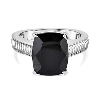 Thai Black Spinel 46.76 ctw Set Ring (Size 10), Earrings and Bangle Bracelet (6.50 In) in Stainless Steel