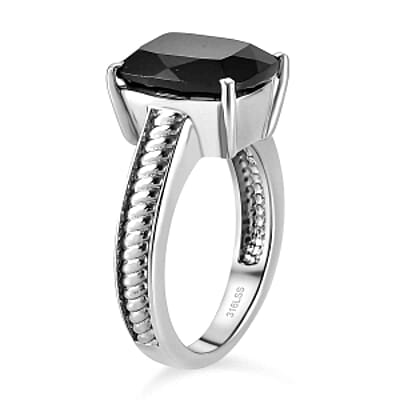 Thai Black Spinel 46.76 ctw Set Ring (Size 10), Earrings and Bangle Bracelet (6.50 In) in Stainless Steel