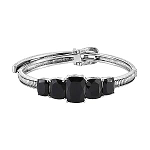 Thai Black Spinel 46.76 ctw Set Ring (Size 10), Earrings and Bangle Bracelet (6.50 In) in Stainless Steel