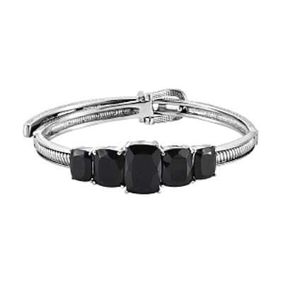Thai Black Spinel 46.76 ctw Set Ring (Size 10), Earrings and Bangle Bracelet (6.50 In) in Stainless Steel