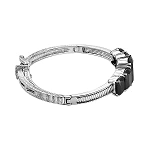Thai Black Spinel 46.76 ctw Set Ring (Size 10), Earrings and Bangle Bracelet (6.50 In) in Stainless Steel