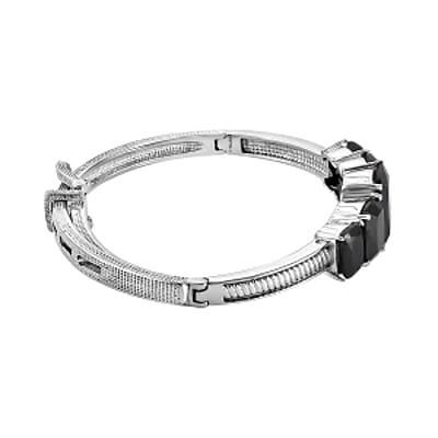 Thai Black Spinel 46.76 ctw Set Ring (Size 10), Earrings and Bangle Bracelet (6.50 In) in Stainless Steel